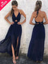 A Line Halter Backless Navy Blue Chiffon Floor Length Prom Dress LBQ1859